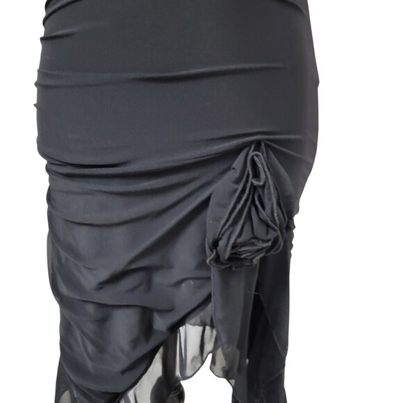 SHEIN Size S (4) Black Asymmetrical Hem Ruched Bodycon Rosette Embellished Dress - Picture 4 of 15